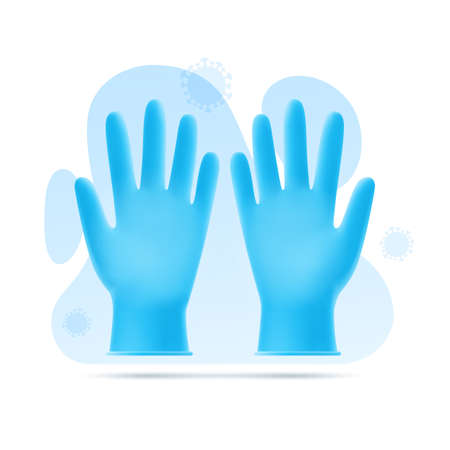 Vector illustration of blue latex gloves on background of abstract shapes and virus. 3D template of personal medical, surgical protection against bacteria. Individual protection and prevention meansのイラスト素材