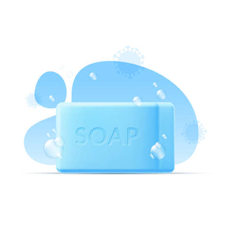 3D bar of blue solid soap with bubbles on background of abstract shapes and virus. Isolated vector template for infographic of protection and prevention of infectious disease, personal hand hygieneのイラスト素材