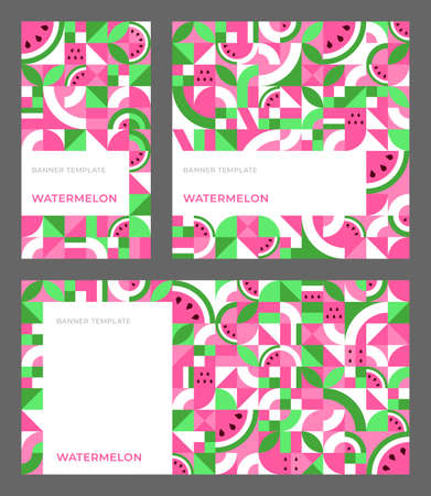 Set of vector templates for banner with watermelon in Bauhaus style. Seamless repeating pattern with copy space for ad, stories, social media. Abstract geometric background. Simple shapes, mosaicのイラスト素材