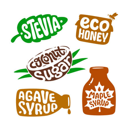 Isolated sticker for packaging healthy natural organic nutrition. Vector label STEVIA, ECO HONEY, COCONUT SUGAR, AGAVE, MAPLE SYRUP. Vegan bio food. Natural organic sweetener. Template for infographicのイラスト素材