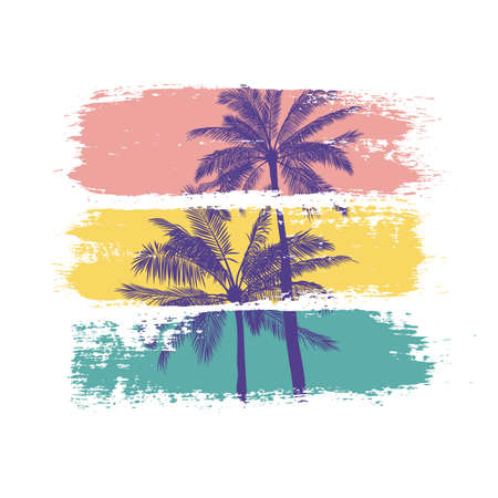 Summer vector illustration of palm trees silhouettes with colorful brush strokes. Isolated template for print and design in a tropical style. Botanical posterのイラスト素材