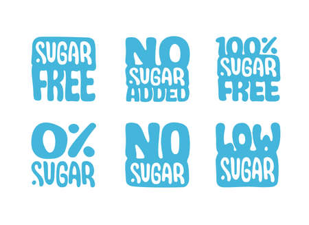 SUGAR FREE, NO ADDED, 100 percent, LOW SUGAR isolated logo templates. Proper diet, good nutrition. Vegan, diabetic, bio food. Set of vector stickers for product package, label design, infographicsのイラスト素材