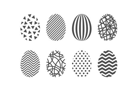 Simple monochrome easter egg design. Isolated vector template of geometric pattern with dots, stripes, triangles.のイラスト素材