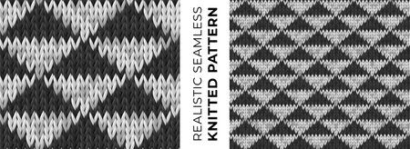 Seamless vector pattern of monochrome knitted wool fabric with triangles. Geometric print. Realistic repeating knitwear texture for background, wallpaper, cloth, wrapping paper, website backdrop.のイラスト素材
