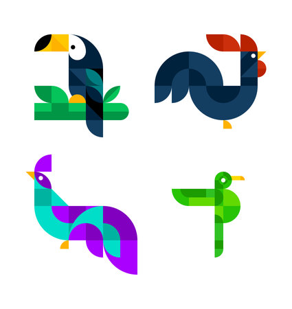 Vector set of birds with simple minimalist geometric shapes. Template of toucan, rooster, pheasant, hummingbird. Colorful mosaic of square, rectangle, circle. Isolated flat abstract illustrationのイラスト素材