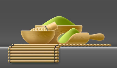 Japanese traditional matcha organic green tea powder. Vector 3D illustration of bamboo cooking set. Whisk for whisking template, bowl, napkin on dark background. Wooden utensilsのイラスト素材