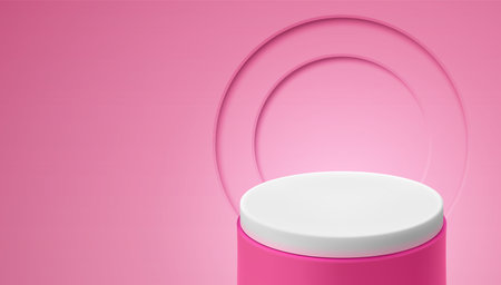 Empty cylindrical shaped platform on pink wall background for object demonstration. Vector realistic illustration with space for advertising text. Used for banner, invitation, postcard.のイラスト素材