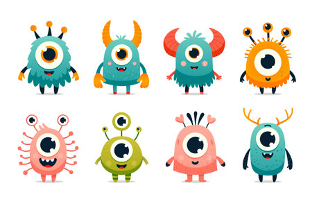 Set of cartoon monsters flat illustration for children room decor, book illustrations. Vector...