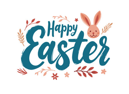 Happy Easter hand-drawn typography with cute bunny, decorative floral elements, and brush script lettering for holiday greeting cards and designsのイラスト素材