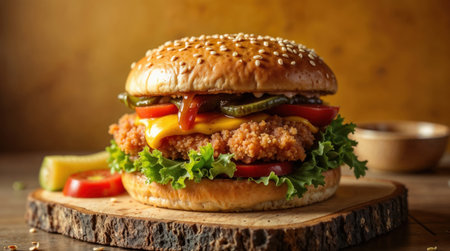Gourmet crispy chicken burger with cheese, pickles, and sauce served on a rustic wood slice.の素材