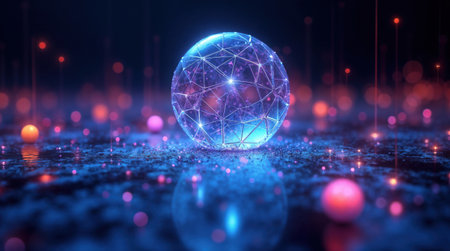 A glowing plexus sphere representing a global network on a futuristic data surfaceの素材