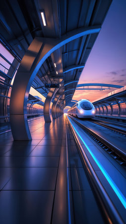 A futuristic high-speed train at a modern station with a colorful sunset skyの素材