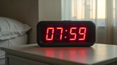 Close-up of a red LED digital alarm clock showing 7:59 on a nightstand in the morningの素材