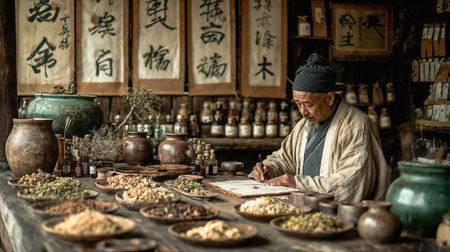 An elderly Asian man with gray hair sits at a wooden table covered with various herbs and spices. Traditional Chinese calligraphy adorns the walls behind him.の素材