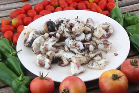 cooked octopus tentacles as sea food with tomatoes and peppers background