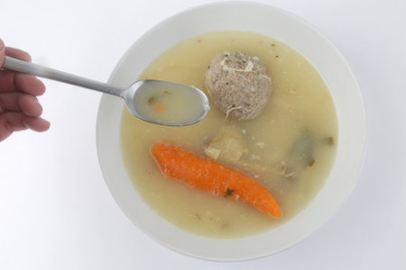 hot soup with carrot and meatballの写真素材
