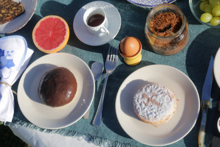 breakfast morning buffet brunch with food and drinksの写真素材