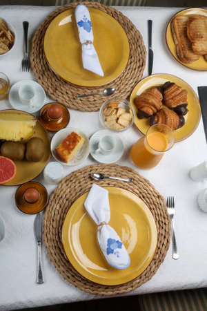morning brunch breakfast table from aboveの写真素材