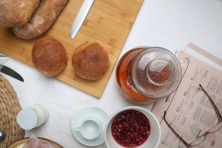 morning brunch breakfast table from aboveの写真素材