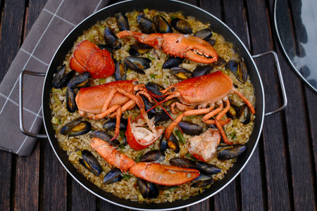 Spanish paella with seafood, musselspus and crabの写真素材