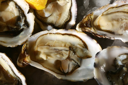 Fresh oysters with lemon as background, top view. Seafood