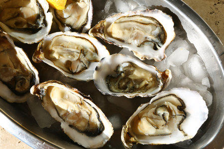 Fresh oysters on ice in a bowl, closeup of photoの写真素材