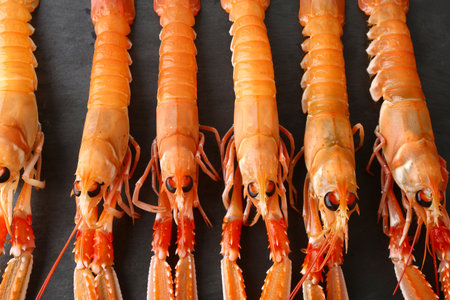 Raw langoustines on black background, top view. Seafoodの写真素材