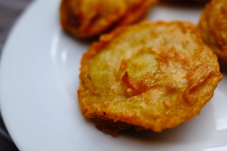 Fried potato pancakes on a white plate. Close-up.