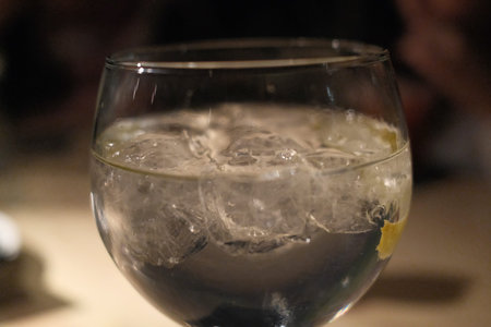 Cocktail with ice and lemon in a glass on the table