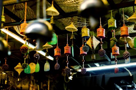 Lijiang ancient town in China in a shop selling the Camel Bells, prepared with different colors is very beautiful, Camel Bells on the well-being of sustenance, in a smallæ¨çblessing to write on the words, I hope the desire to achieveの写真素材