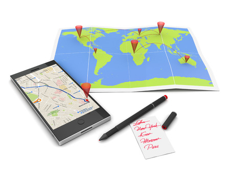 mobile phone map pen and list of citiesの写真素材