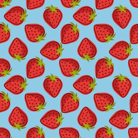 Vector seamless pattern with strawberries on blue background. Perfect for wrapping paper or textile.のイラスト素材