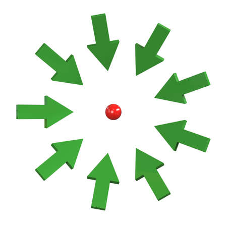 Big green arrows aiming on small red ball on white backgroundの写真素材