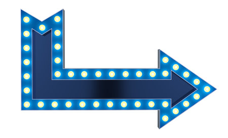 Blue arrow sign with electrical bulbs on white backgroundの写真素材