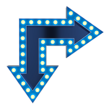 Blue arrow sign with electrical bulbs on white backgroundの写真素材