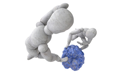 3d doll puppet model Two figures of experienced experts consider blue stone, like a piece of alien...