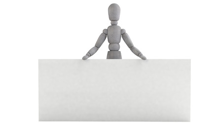 3d puppet model It is standing right behind a white widescreen horizontal billboards, holding it with both hands, consisting of jointsの写真素材