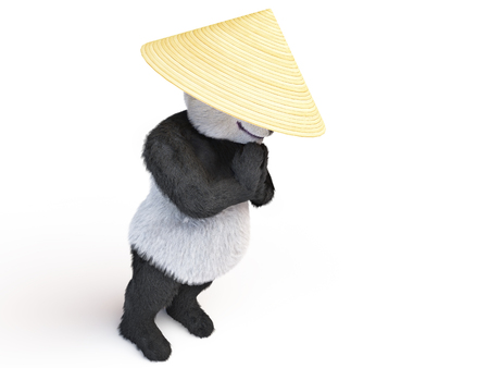 Chinese Shaolin warrior panda stands in prayer pose. Dressed Vietnamese conical hat palm leaves. Asian names headdress  is sugegasa, satkat, sakkat, amigasa. top side view isolated white backgroundの写真素材