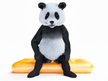 focused character panda sits with his back flat on orange translucent inflatable mattress. mammal animal resting on bed. render illustration of bear about tourism, recreation, leisure and reflectionの写真素材