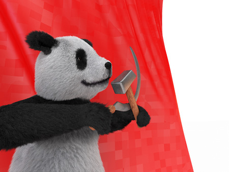 the inspired personage type of black-and-white Chinese panda, also referred to as bamboo bear holding in its paws the symbols of the communist parties of the world the hammer and sickle on red background flagの写真素材