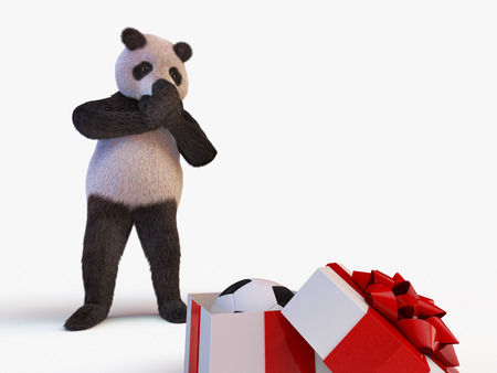 joyful cute protagonist character giant panda bamboo stands and looks at half-open box with a gift inside of which is new soccer ball. surprise birthday closes muzzle pawsの写真素材