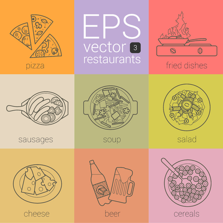 unique restaurant set of thin contour line vector icons. pictograms theme: catering, nutrition. kit different menu categories in cafe. pizzam fried dishes, sausages, soup, salad, cheese, bear, cerealsのイラスト素材