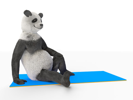 respite and break between sports and yoga. character panda resting after exercise. athlete sits on an ass a blue elastic mat for stretchingの写真素材
