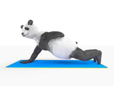 Stand on one arm. other hand curled behind his back. Panda is pushed on a mattress blue.の写真素材