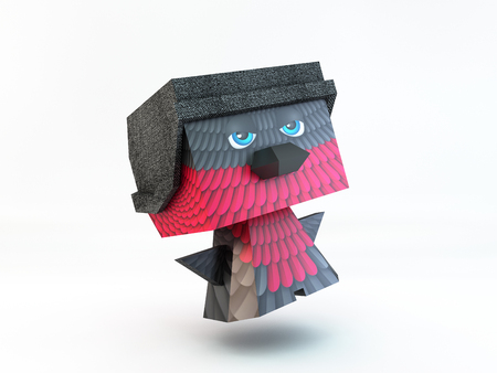 colored low poly character bird bullfinch wearing hat by shining white background isolatedの写真素材