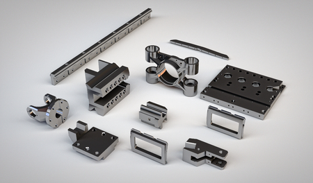 chrome-plated metal gear details of different mechanisms an isometric view isolated on white...