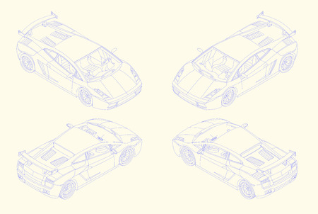 contour sport car isometric view. luxury coupe automobile outline vector sketch drawing design element. high speed linear auto set illustration.のイラスト素材