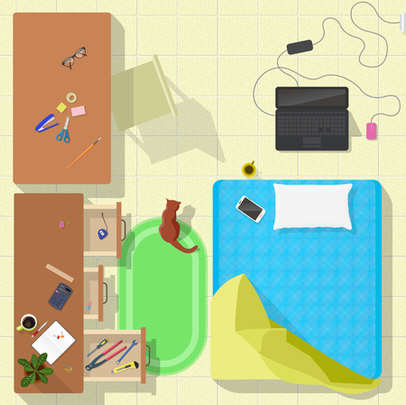 living room top view vector illustration. freelancer workplace with matresse and notebookの写真素材