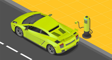 Electric sport coupe car charging station. power supply for Charging of an electric car. Recharging an electric car isometric view.のイラスト素材