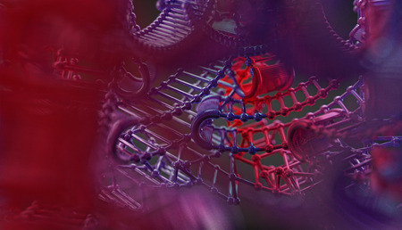 blurred image concept of biochemistry with dna molecule. Abstract background with molecules spheres...